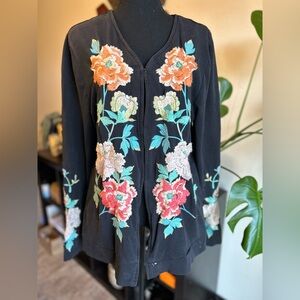 Johnny Was Black Floral Embroidered Cotton Cardigan Size Medium